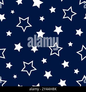 Star seamless pattern. Repeating white stars in blue background. Simple geometric shape. Sky print. Abstract starry backdrop for prints design. Mini Stock Vector