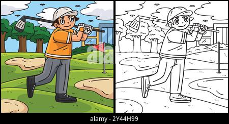 Golf Golfer Hitting a Ball Coloring Illustration Stock Vector