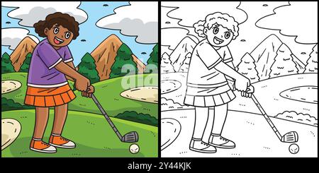 Golf Female Golfer Aiming Coloring Illustration Stock Vector