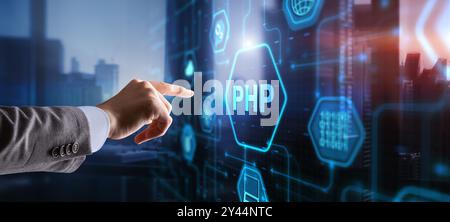 Hypertext Preprocessor PHP Programming. Interpreted programming language. Stock Photo