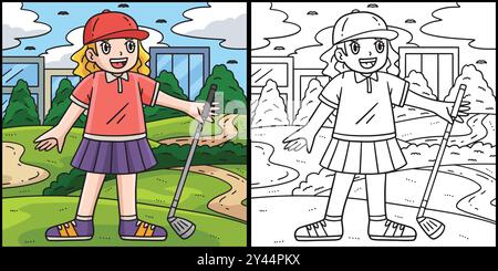 Golf Female Golfer with Club Coloring Illustration Stock Vector