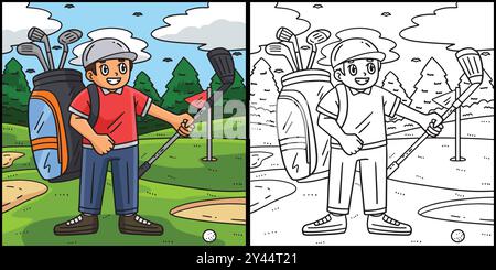 Golf Caddie with a Club Coloring Illustration Stock Vector