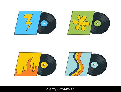 Vinyl records with different design covers. LP or long play music discs. DJ equipment for disco party. 70s 80s 90s discotheque nostalgia concept. Stock Vector