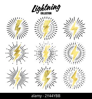 Set of vintage golden lightning bolts and sun rays. Gold foil texture. Lightnings with sunburst effect. Thunderbolt, electric shock sign. Vector Stock Vector