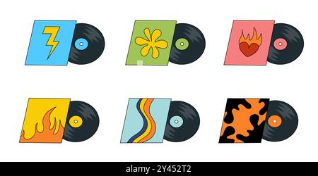 Vinyl records with different design covers. LP or long play music discs. DJ equipment for disco party. 70s 80s 90s discotheque nostalgia concept. Stock Vector