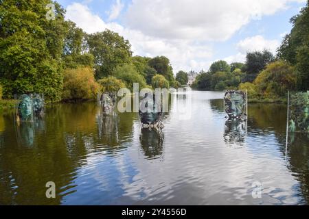 London, UK. 16th September 2024.The National Lottery celebrates its 30th anniversary with an installation in the St James's Park lake. Designed by artist Luis Gomez de Teran, it features portraits of seven 'game changers' who used National Lottery funding for a 'transformative impact in their communities': Ed Parker, Trevor Lyttleton, Dame Laura Lee, Sandra Igwe, Marcus Fair, Javeno McLean and Conor Largey. Credit: Vuk Valcic/Alamy Live News Stock Photo