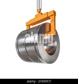 Industrial crane lifting heavy metal coil in manufacturing facility 3d Stock Photo