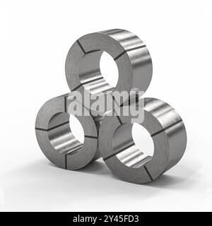 Three shiny steel rolls stacked on white background 3d render Stock Photo