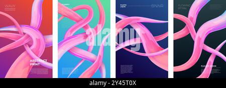 Abstract intertwined plastic fluidity poster set. Modern colorful wavy 3D liquid lines on colored backdrop. Art fluid interlacing abstraction pattern trendy eps print. Gradient flowing weaving strokes Stock Vector