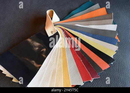 Leather color chart showing samples for interior design, lying on a black leather couch Stock Photo