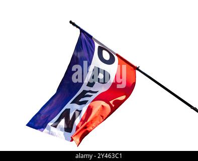 Blue, white and red flag with the word Open on it. Isolated on white background Stock Photo