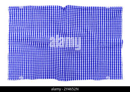 Piece of torn blue crumpled checkered fabric on a white background. Textile. Cellular tissue isolate Stock Photo