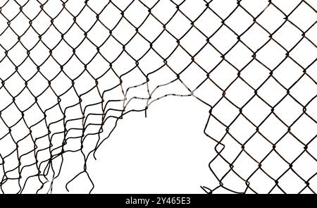 The texture of the metal mesh on a white background. Rusty Torn steel, metal mesh with holes Stock Photo