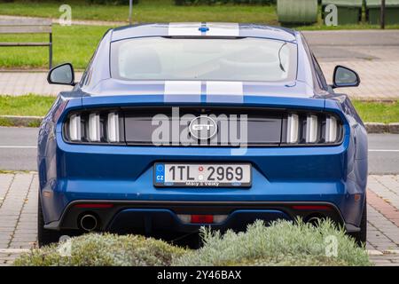 OSTRAVA, CZECHIA - SEPTEMBER 25, 2023: Ford Mustang GT 5.0 V8 American muscle car, rear view Stock Photo