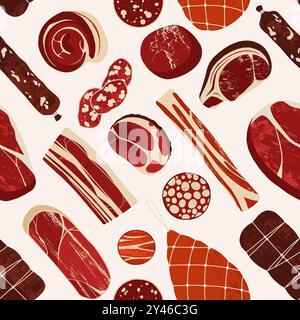 Meat products pattern. Seamless print of various pieces of beef, pork, chicken, ham, sausage, salami, steak, delicatessen dried meat. Vector texture. Stock Vector