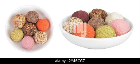 A variety of different truffles in a ceramic bowl Isolated on a white background. Top view. Flat lay Stock Photo