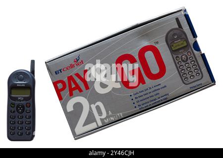 Old BT Cellnet Pay & Go Philips Savvy mobile phone, cell phone, with box packaging isolated on white background Stock Photo