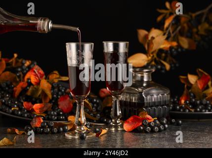 Black chokeberry liqueur and fresh berries on a black stone table. Sweet flavour drink is poured from a bottle into a glass. Stock Photo