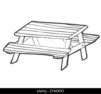 Hand drawn vector illustration of park picnic table with benches. Cartoon doodle style isolated Stock Vector