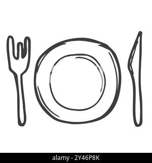 Hand drawn plate, fork knife spoon Stock Vector