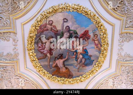 Laguerre murals at Fetcham Park House in Surrey, England, UK. A ceiling painting or mural by Louis Laguerre, The Marriage of Cupid and Psyche Stock Photo