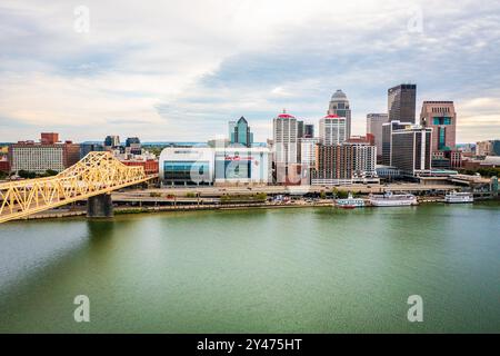 September 24, 2023, Louisville, KY: Aerial view of downtown Louisville, Kentucky from the Ohio River Stock Photo