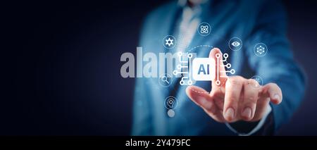 Businessman in suit and AI related icons. Copy space image Stock Photo
