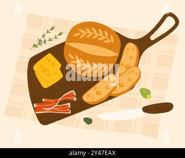 Bread on cutting board. Sliced farm grain rustic loafs on wooden board with knife, natural cereal bakery products, healthy food concept. Vector set. Stock Vector