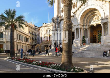 The Cathedral of Our Immaculate Lady, or informally the Cathedral of Monaco, with the Palace of Justice in the background, Principality of Monaco Stock Photo