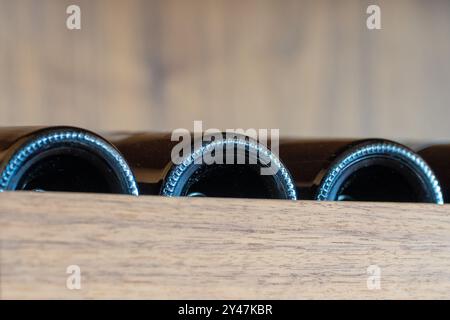 Bottoms of Wine Glass Bottles on Wooden Shelf: A Different Perspective Stock Photo