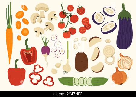 Sliced vegetables. Cartoon organic food ingredients, chopped and sliced onion cucumber tomato celery flat style healthy vegetarian diet concept. Vecto Stock Vector