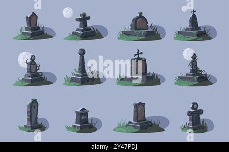 Empty tombstones. Cartoon grave stone with cross RIP inscription, cemetery headstone with empty space for text. Vector funeral memorial isolated set. Stock Vector