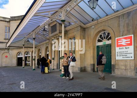 Front of Bath Spa railway station with sign, Bath, England, UK. Taken September 2024. Stock Photo