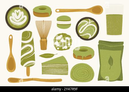 Matcha desserts. Traditional Japanese green tea sweets in glass cups, matcha ice cream, cake piece and donut. Oriental sweet food assortment with gree Stock Vector