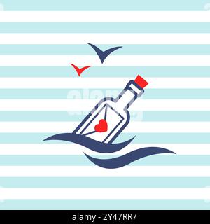 Letter, message, bottle ion on Navy blue stripes texture Stock Vector