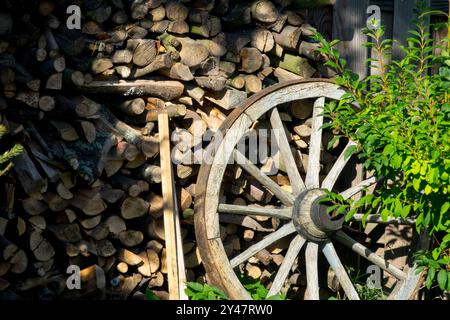 Garden Scene Chopped Timber Storage Firewood Pile Wood, Stack Stacked Logs Wooden Firewood, Stockpile Woodpile Old Wooden Wheel Stock Photo