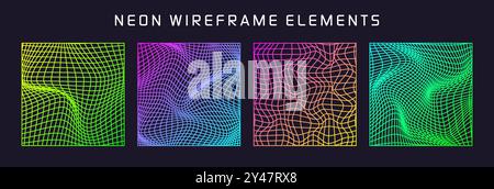 Colorful wireframe shapes, lined perspective mesh, 3d grid. Low poly geometric elements. Retro futuristic design elements, y2k, vaporwave and Stock Vector