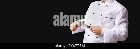 Funny Cook Guy Sharpening Knives Posing In Studio, Panorama, Stock Photo