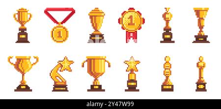 Pixel game award. Retro vintage 8 bit video game sprite, shiny golden winner trophy cup, champion medal, first place reward. Vector isolated icon set. Stock Vector
