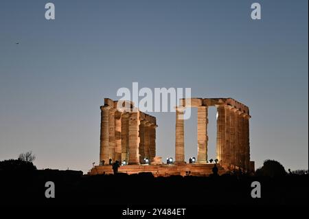 Illumination of the Temple of Poseidon in Sounion Temple of Poseidon at cape Sounion during the official inauguration of the new lighting by the Greek Prime Minister Kyriakos Mitsotakis with distinguished guests from Greece and abroad in attendance. Sounion Greece Copyright: xNicolasxKoutsokostasxNicolasxKoutsokostasx DSC 202409160221 Stock Photo