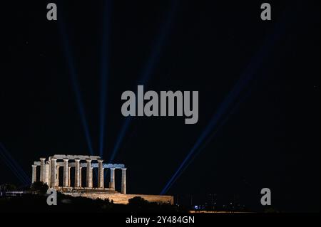 Illumination of the Temple of Poseidon in Sounion Temple of Poseidon at cape Sounion during the official inauguration of the new lighting by the Greek Prime Minister Kyriakos Mitsotakis with distinguished guests from Greece and abroad in attendance. Sounion Greece Copyright: xNicolasxKoutsokostasxNicolasxKoutsokostasx DSC 202409160610 Stock Photo