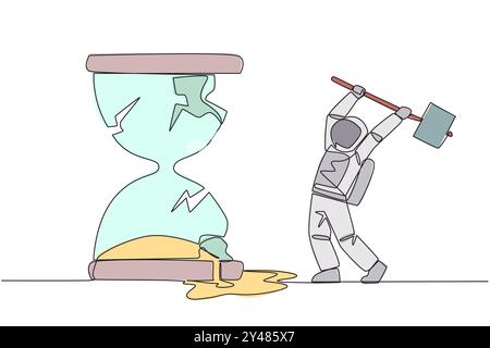 Continuous one line drawing astronaut preparing to hit the big hourglass. Remove reminders. Work without rules. Undisciplined. Detrimental to the comp Stock Vector