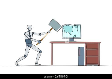 Single continuous line drawing smart robotic preparing to hit computer monitor on the work desk. Stocks that don't rise. Didn't get any profit. Anger Stock Vector