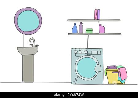 Single continuous line drawing Washing room with minimalist design. There is a front loading washing machine. Simple design interior. Elegant. Clean a Stock Vector