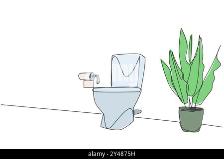 Single continuous line drawing a very minimalist dry type toilet. Ornamental plants add a real minimalist impression. The dry toilet is very hygienic. Stock Vector