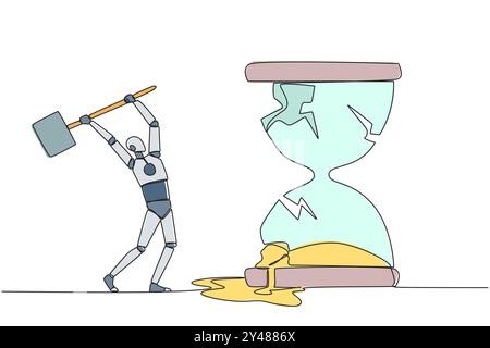 Continuous one line drawing robot preparing to hit the big hourglass. Remove reminders. Work without rules. Undisciplined. Detrimental to the company. Stock Vector