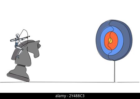 Single continuous line drawing smart robot future tech holding archery aiming target while riding chess horse piece, strategic concept. Success busine Stock Vector