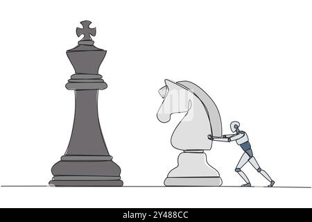 Continuous one line drawing smart robot future tech push huge horse chess piece. Business strategy, marketing plan. Strategic move in business concept Stock Vector