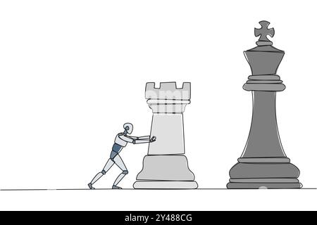 Single one line drawing smart robot future technology push huge rook chess piece. Business strategy and marketing plan. Strategic move in business con Stock Vector