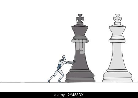 Single one line drawing smart robot newest technology push huge king chess piece. Business strategy and marketing plan. Strategic move in business con Stock Vector